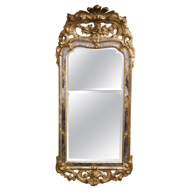 18th Century Gilded Rococo Mirror with Floral Decoration and Mercury Gilded Glass