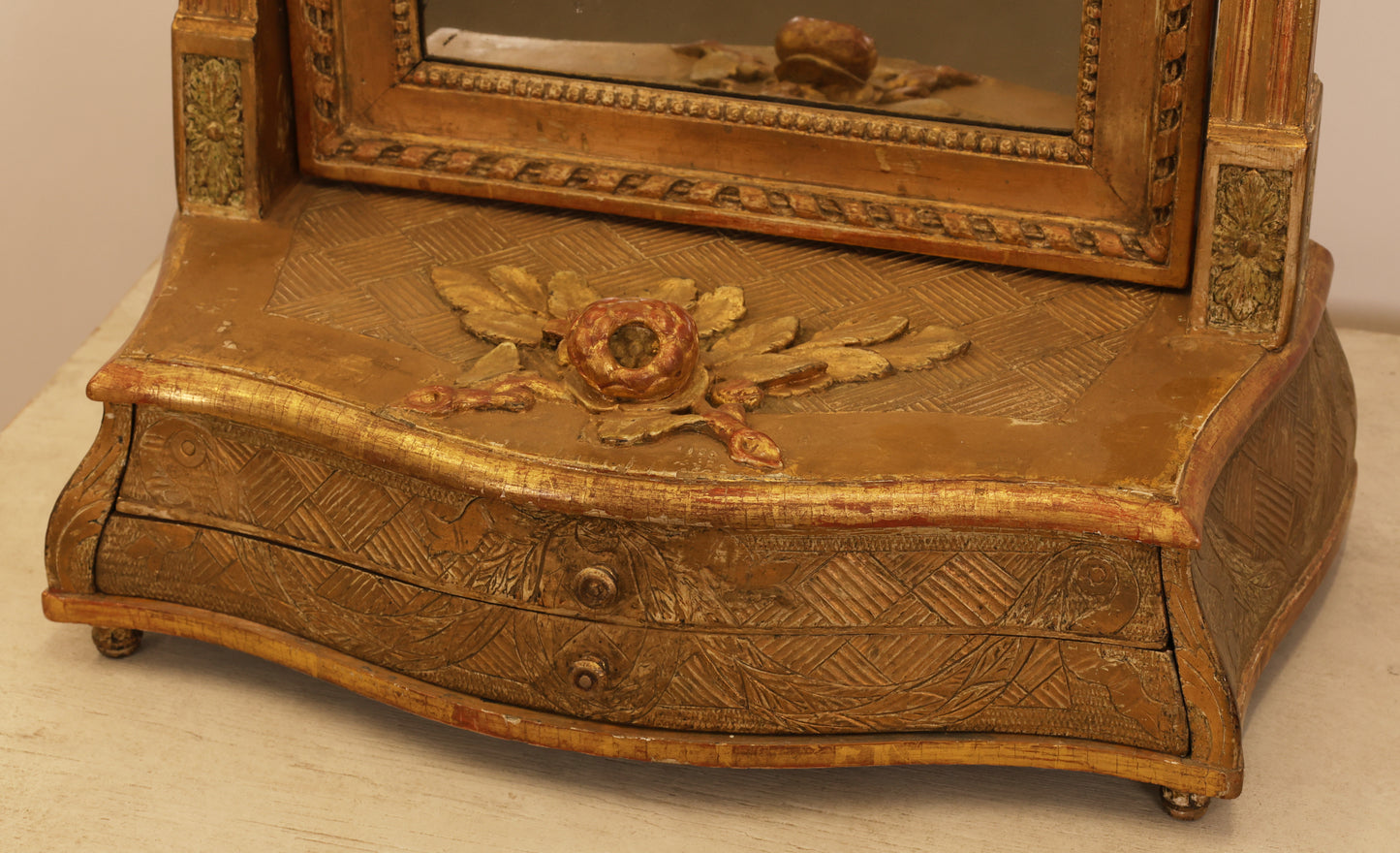 Closed drawer and rose decoration on an 18th Century Gustavian Dressing Mirror For Sale.