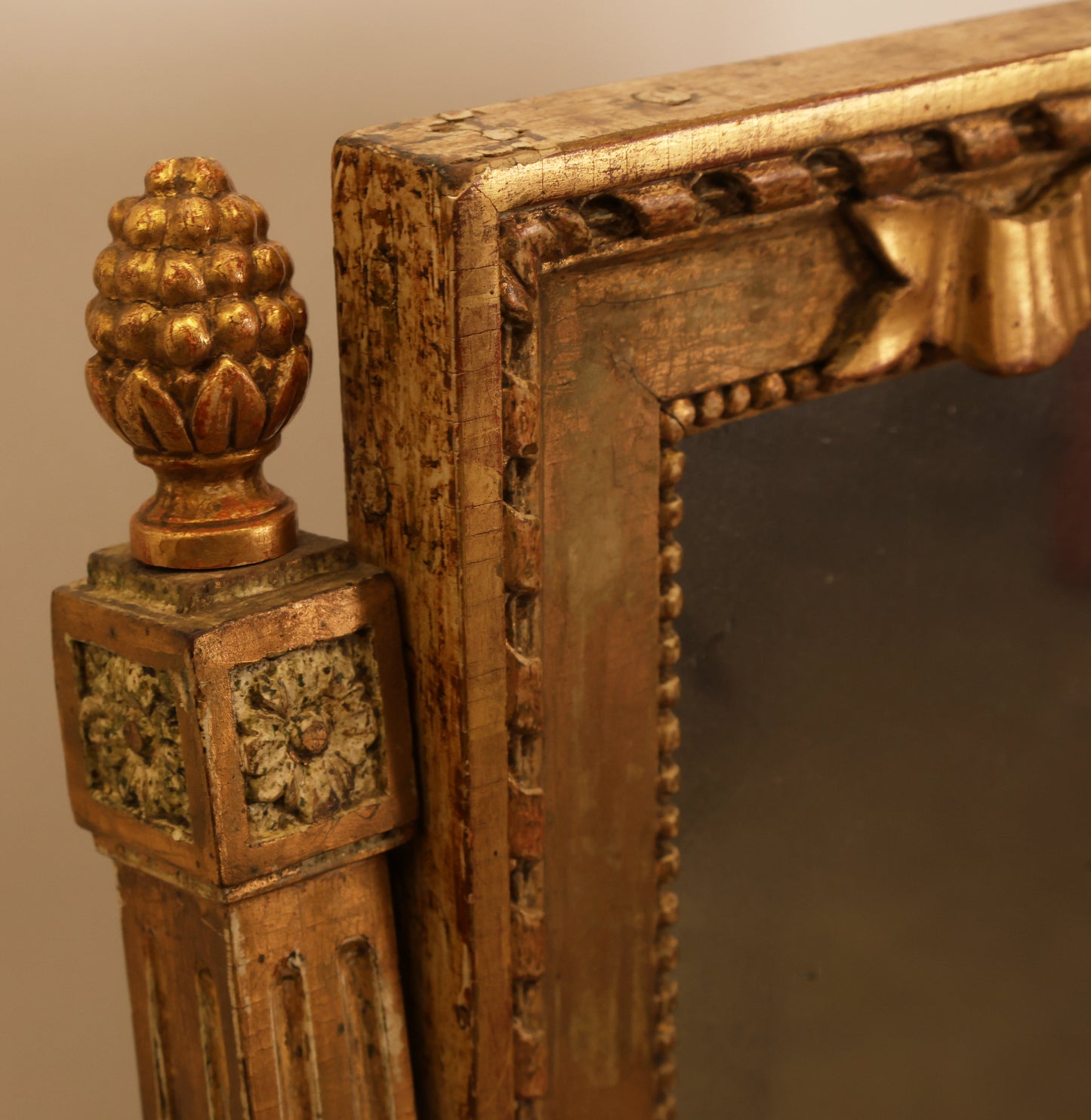 Gilded pinecone detail on an 18th Century Gustavian Dressing Mirror For Sale.