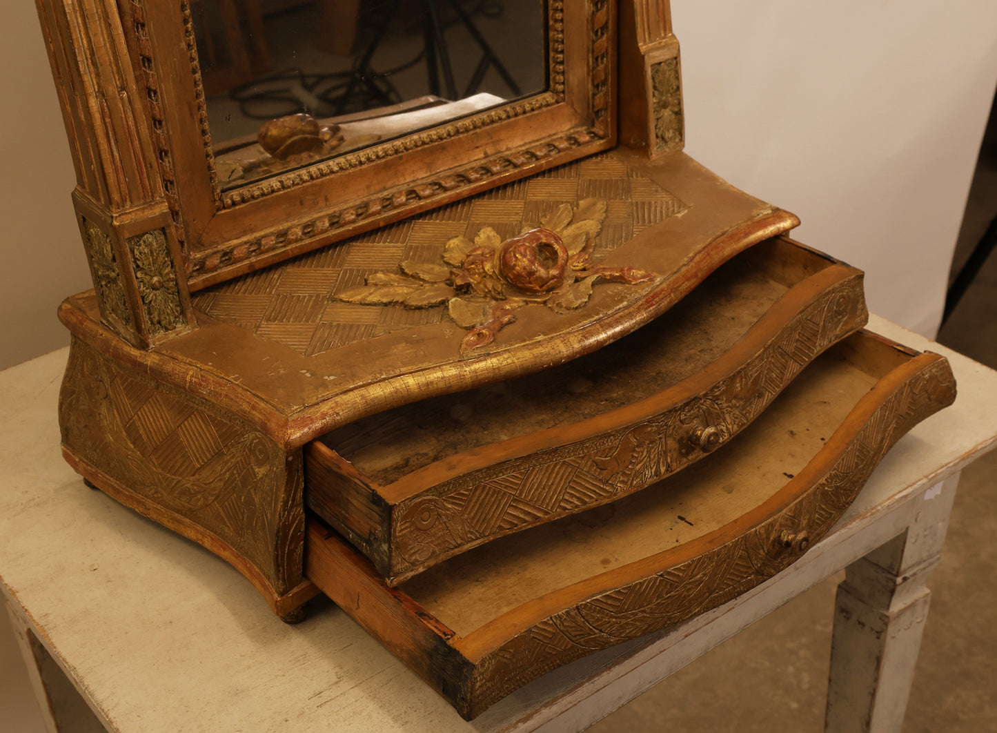 Drawers on an 18th Century Gustavian Vanity Mirror For Sale.