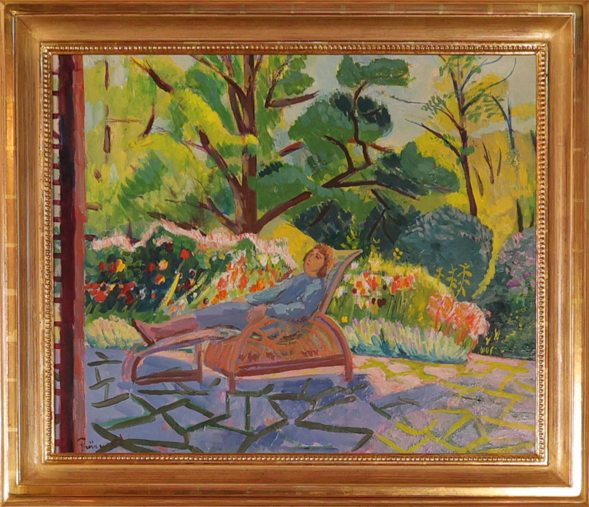 Painting by Isaac Grünewald with a gilded frame showing a man on a sunbed in a lush garden with flowers and trees