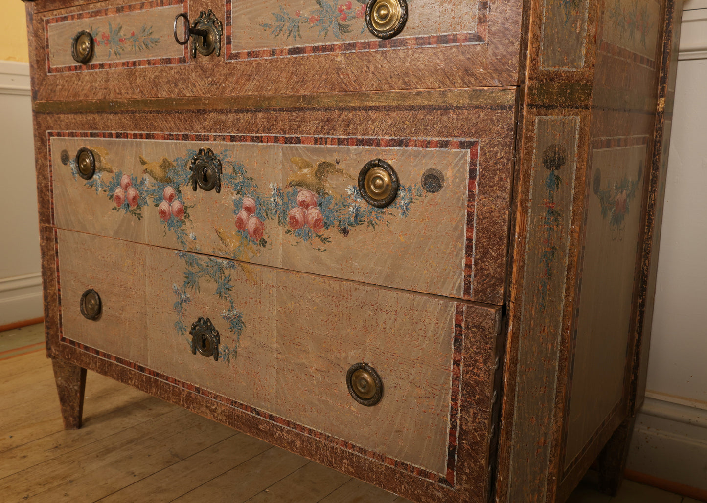 Detail of roses and handles and key of 18th Century Gustavian Nils Asplind Chest of Drawers