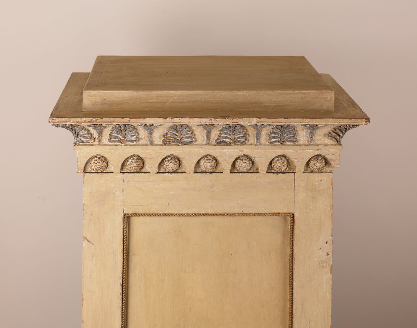 Close up of the top of a 19th Century Gustavian Column Cabinet