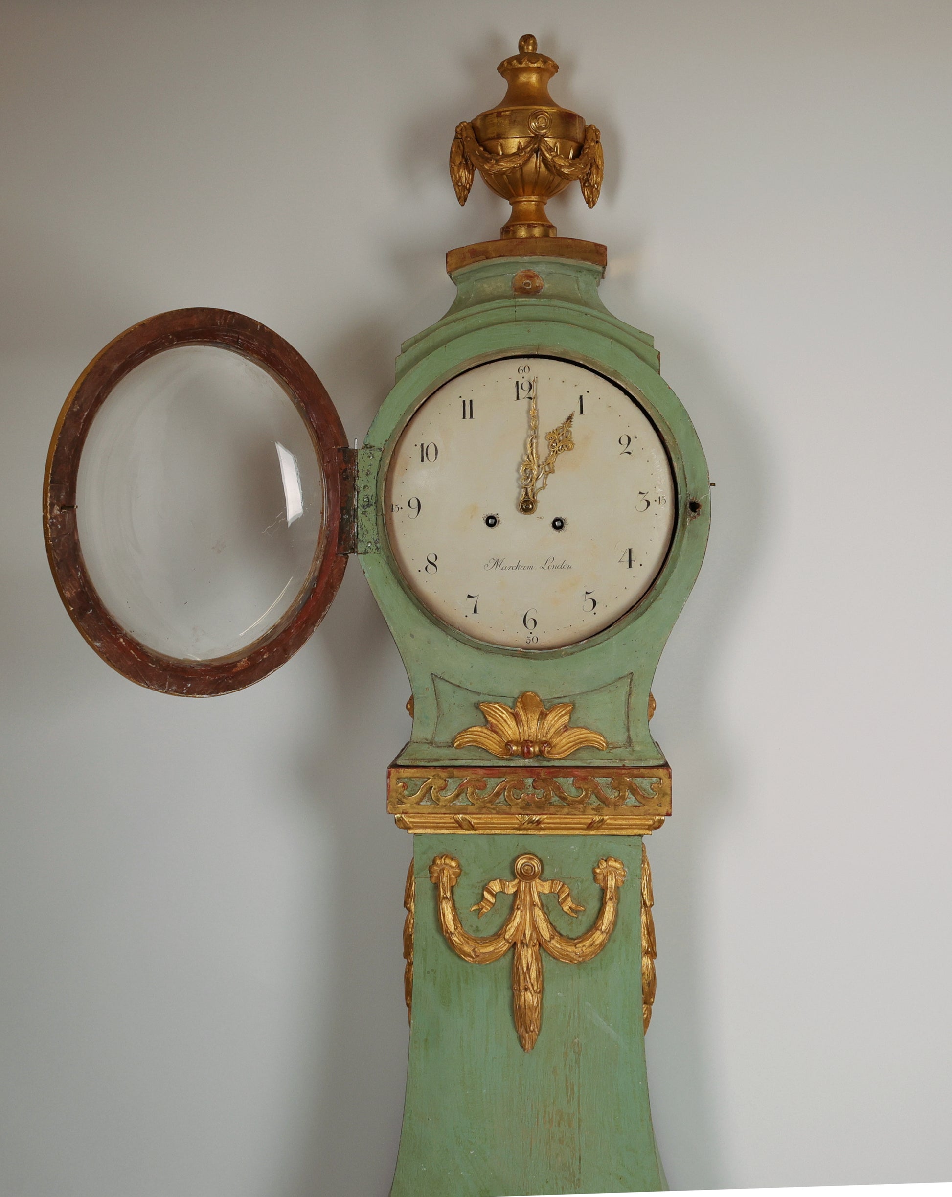 Opened clockwork of 18th Century Gustavian Longcase Clock. The clockwork is signed by Marckam