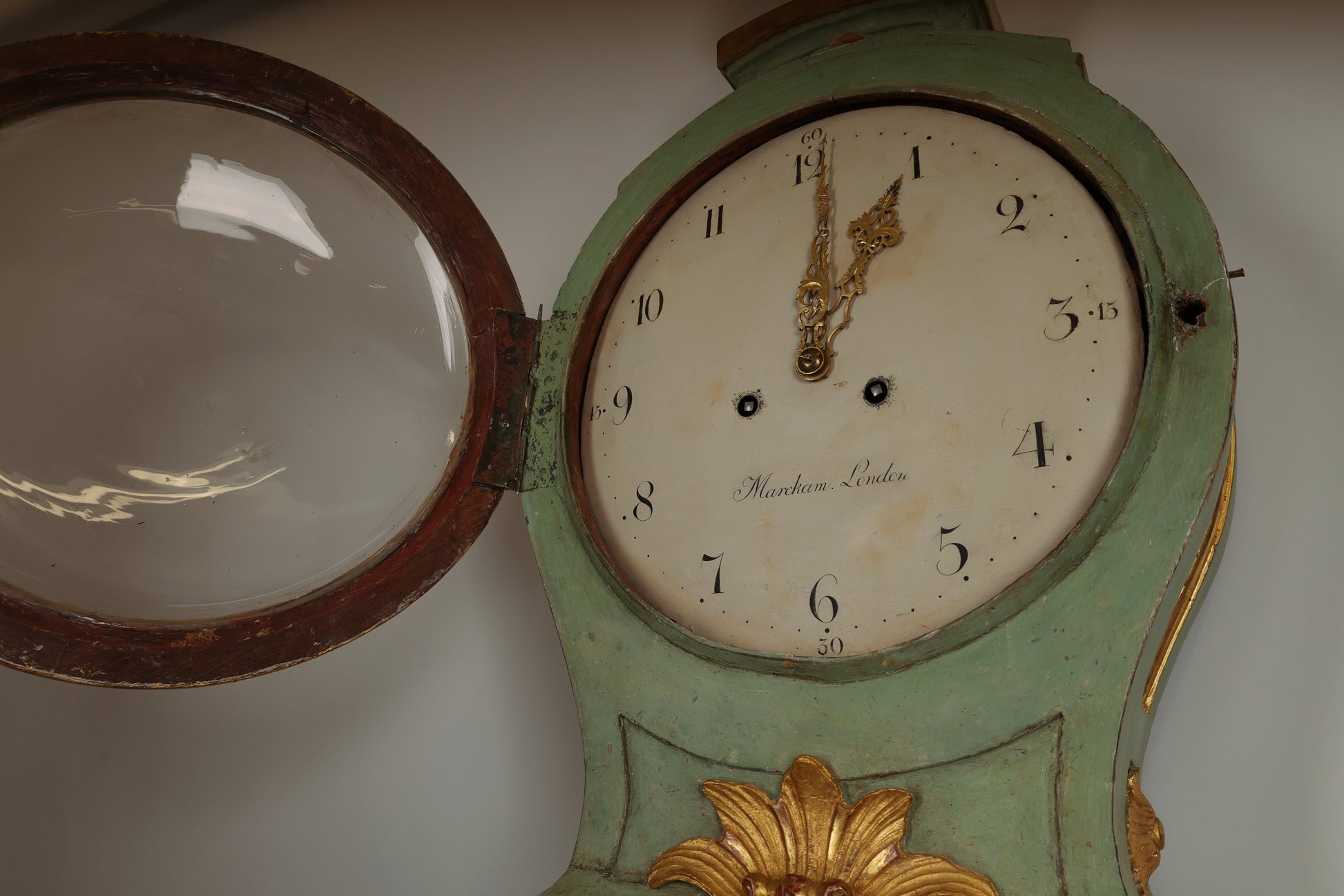 Opened clockwork of 18th Century Gustavian Longcase Clock, showing the signature of Marckam