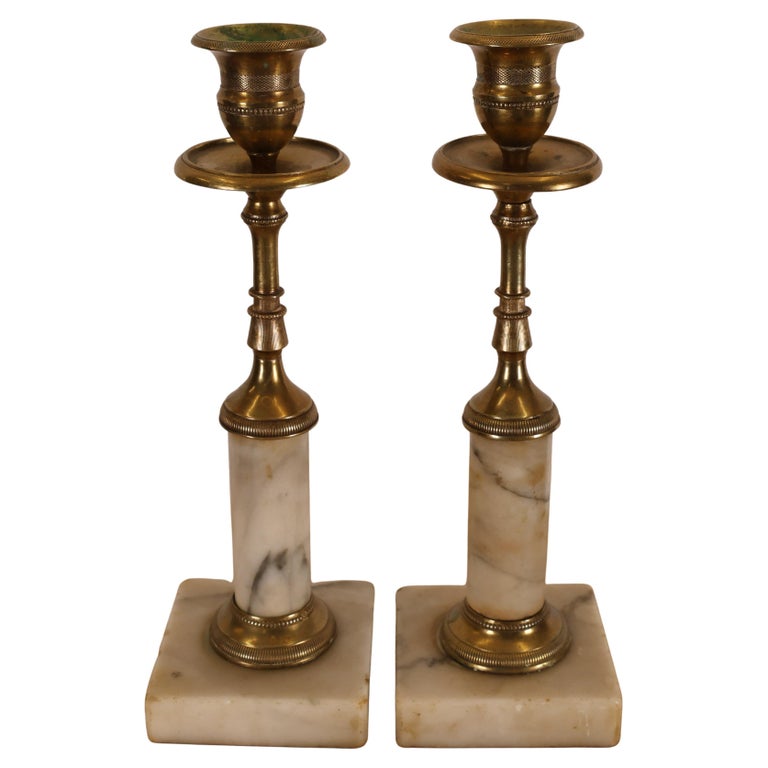 Pair of Late Gustavian Carrara Marble and Fire-Gilded Bronze Candlesticks