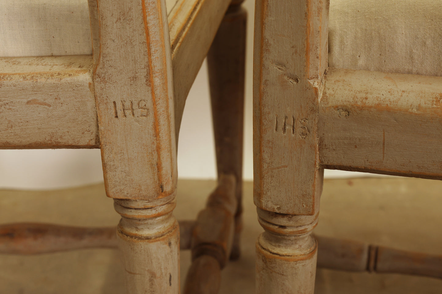 Two antique Gustavian chairs bearing the signatures IHS (Johan Hammarström).