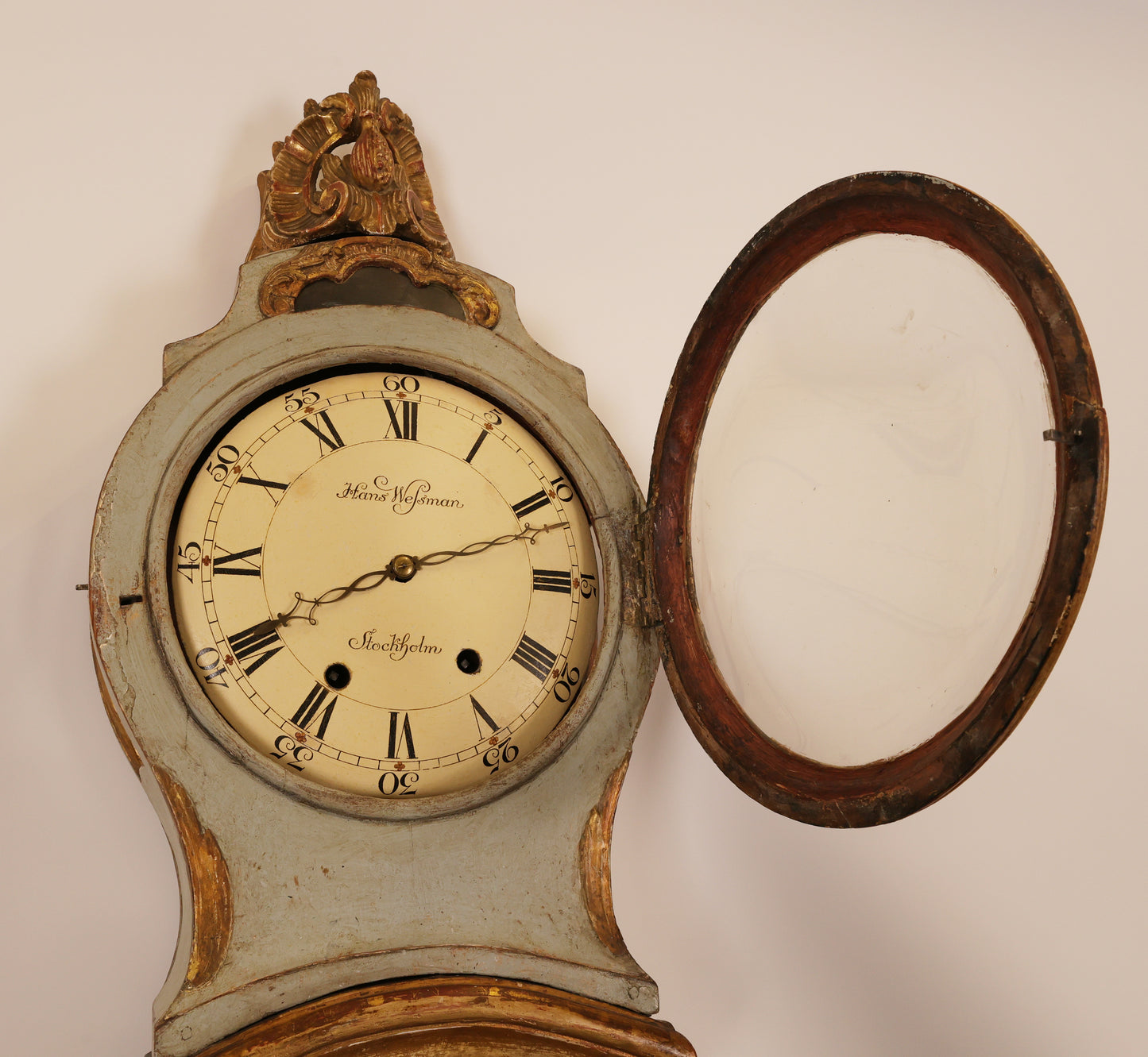 Opened clockwork showing the signature of Hans Wessman on an antique 18th Century Rococo Grandfather Clock for sale.