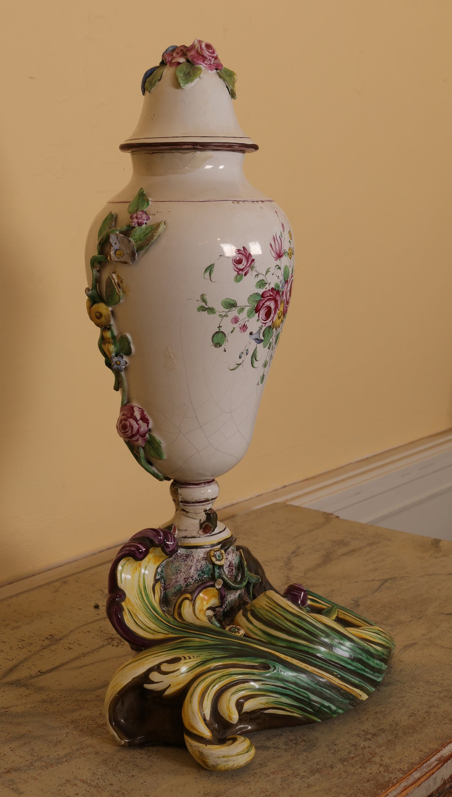 18th Century Faience Terrace Vase Painted in polychrome muffle colors