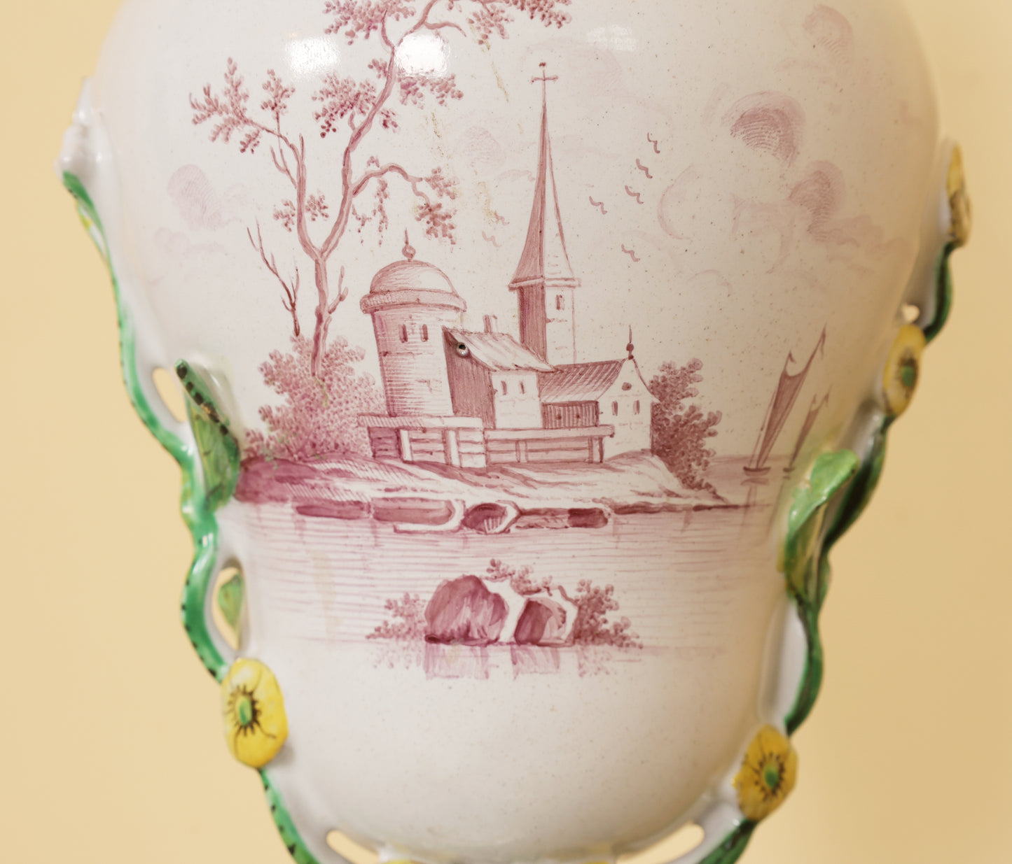 18th Century Faience Vase showing the painted part depicting a building and a tree on an island in red color