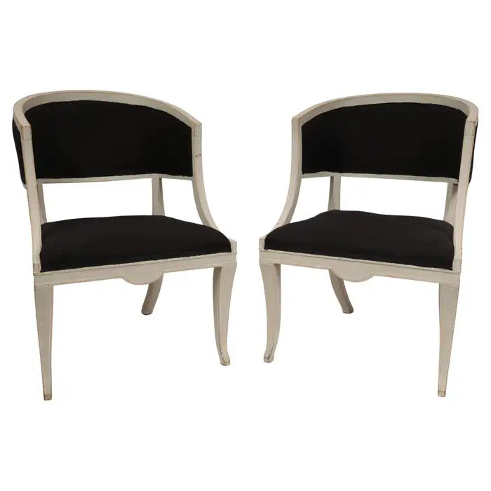 Pair of grey Empire Armchairs with black fabric and flared legs.