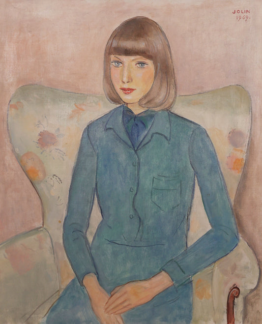 Painting by Einar Jolin (1890-1976), portrait, oil on canvas, depicting a woman with blue clothes in a green chair.