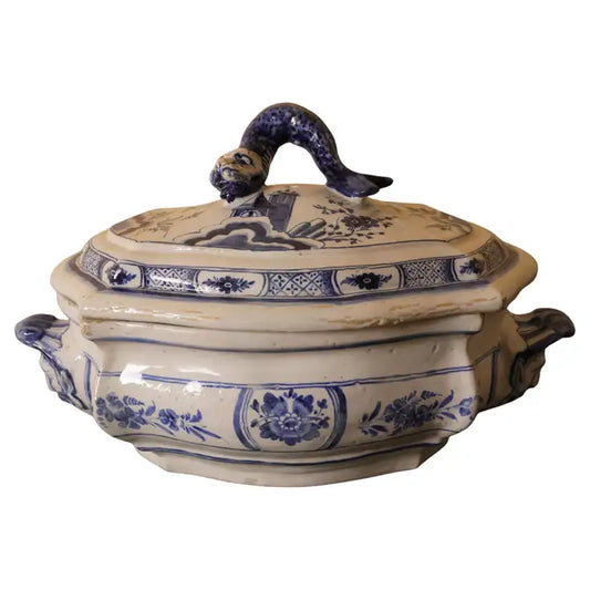 18th Century Late Baroque Faience Tureen with white background
