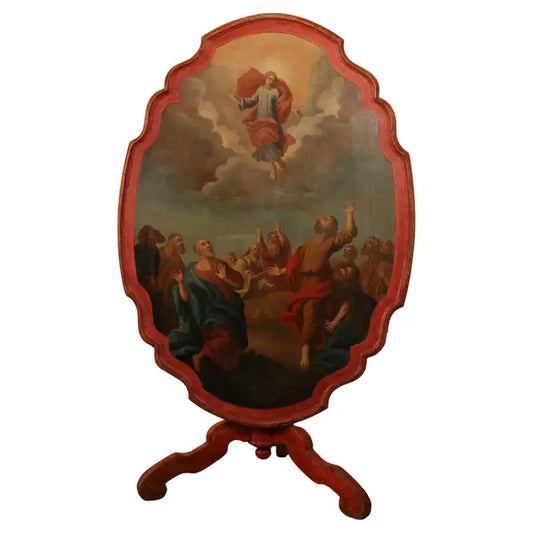 A Swedish antique folding table, likely painted by Pehr Hörberg (1746-1816), depicting the Ascension of Christ, white background