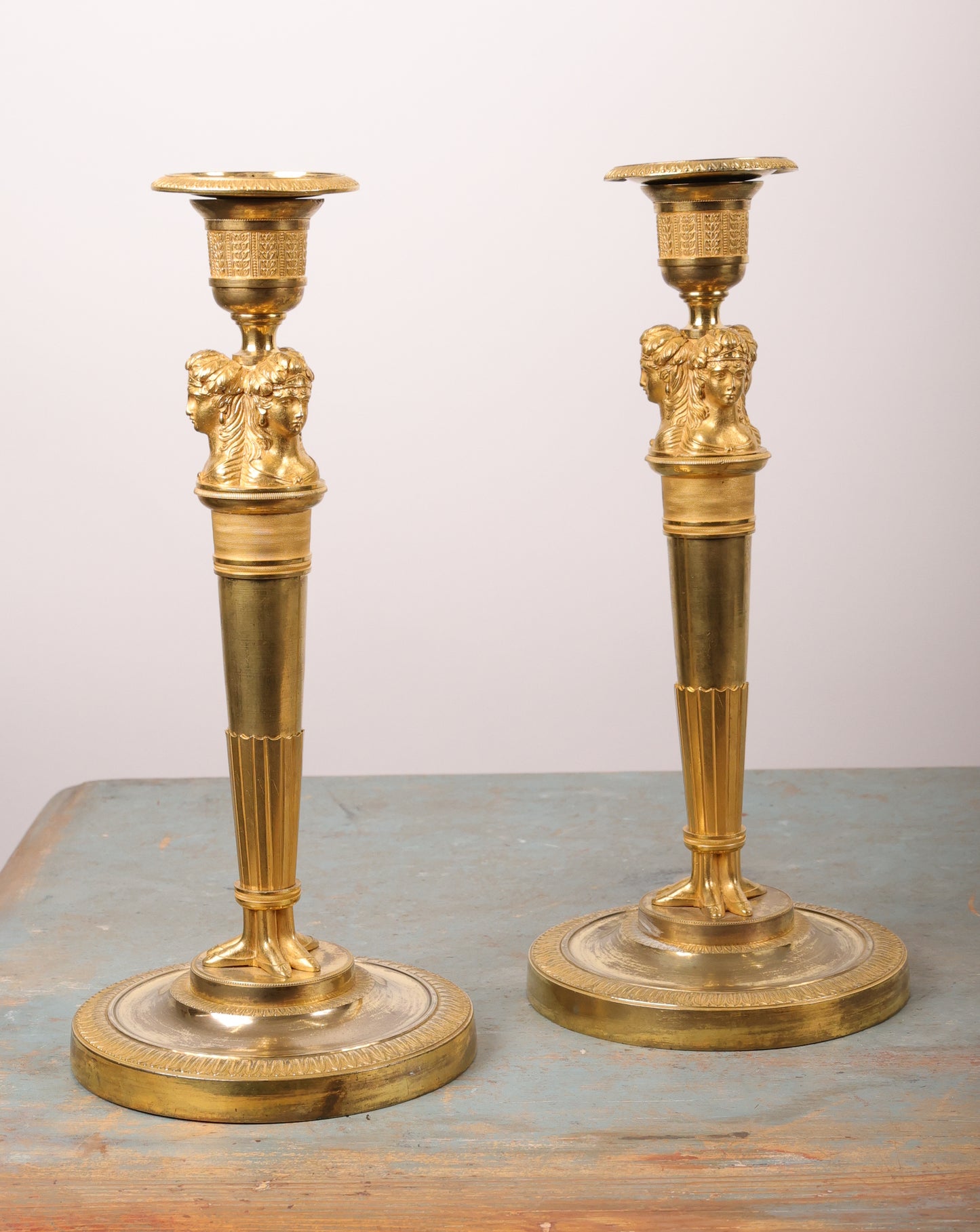 Pair of French Fire-Gilded Empire Candleholders