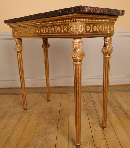 Late Gustavian Gilt Console Table with Porphyry Top, Egyptian Style, Circa 1800