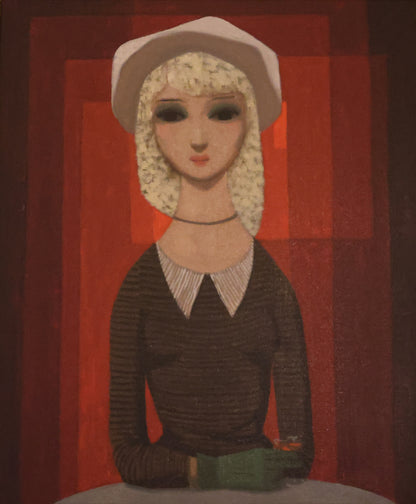 Pelle Åberg, "Vid bordet", Motif of woman and background of red squares.