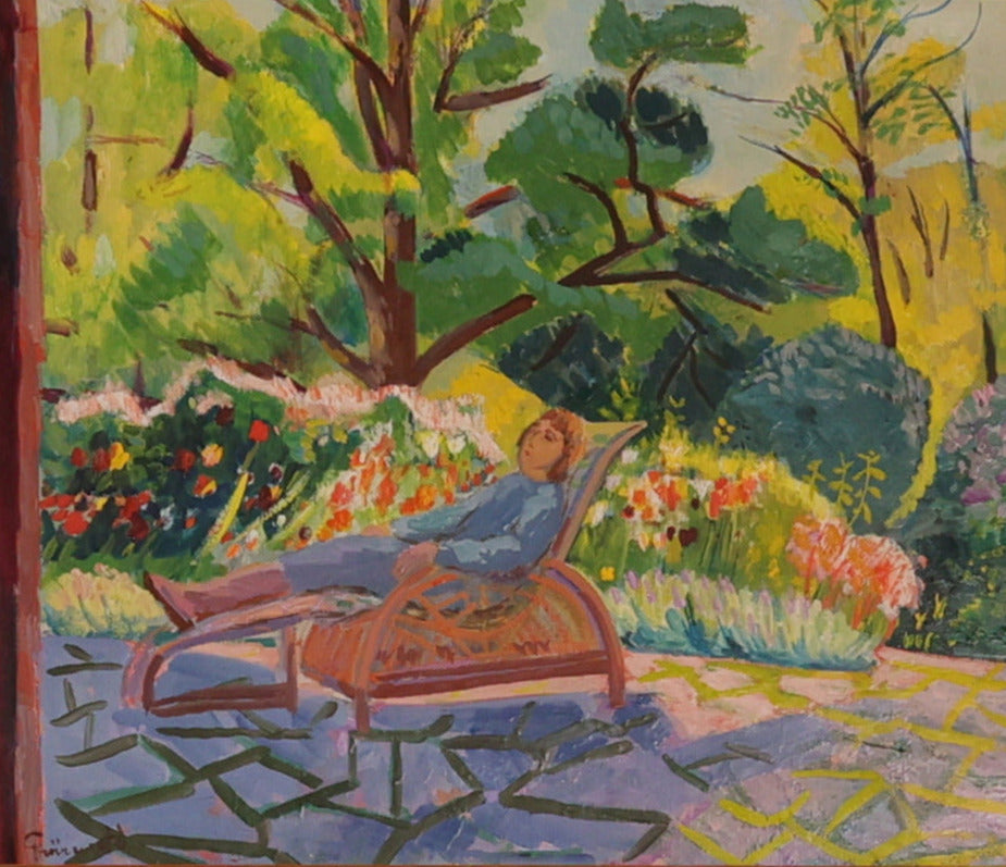 Painting by Isaac Grünewald showing a man on a sunbed in a lush garden with flowers and trees