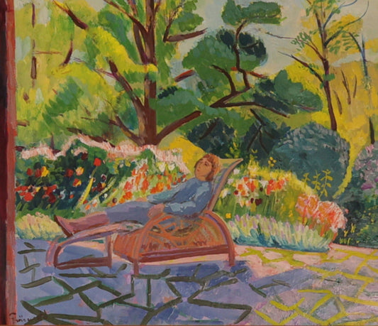Painting by Isaac Grünewald showing a man on a sunbed in a lush garden with flowers and trees