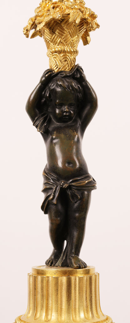 Close up of Louis Philippe Gilded and Patinated Bronze Lamp Base with Carrara Marble