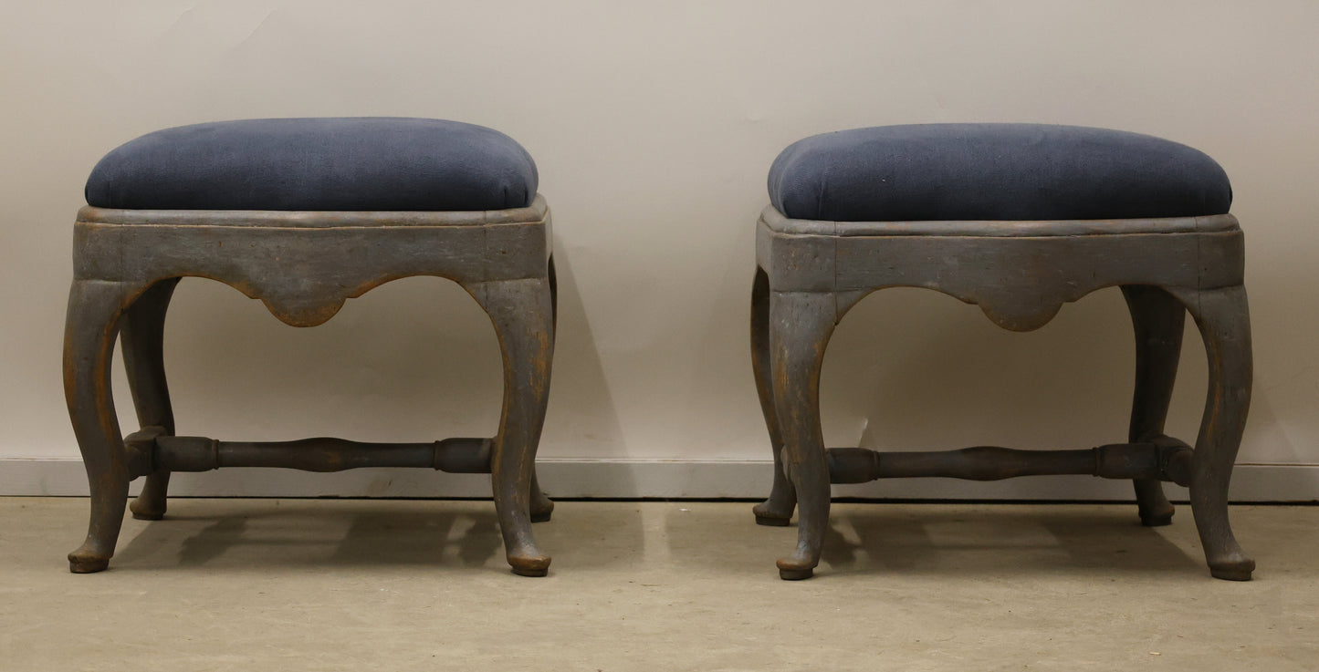 Pair of Rococo Stools in blue and grey colors for sale.
