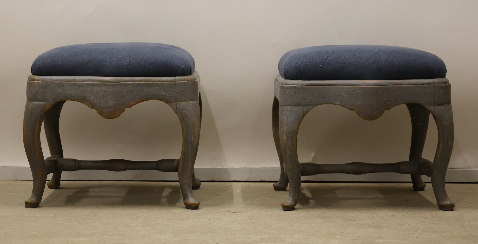 Pair of Rococo Stools in blue and grey colors for sale.