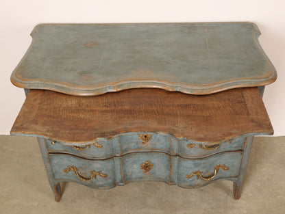 Writing surface of a blue 18th Century Late Baroque Chest of Drawers