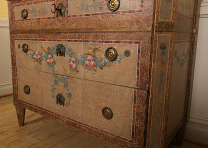 Detail of roses and handles and key of 18th Century Gustavian Nils Asplind Chest of Drawers