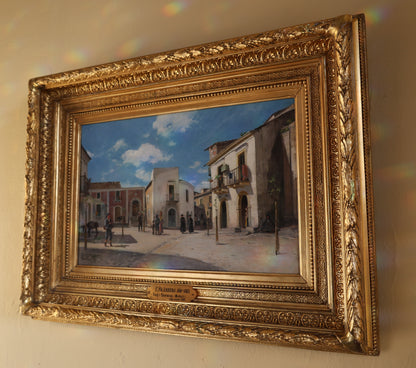 Painting by Carl Skånberg with frame,  motif of town square in italy