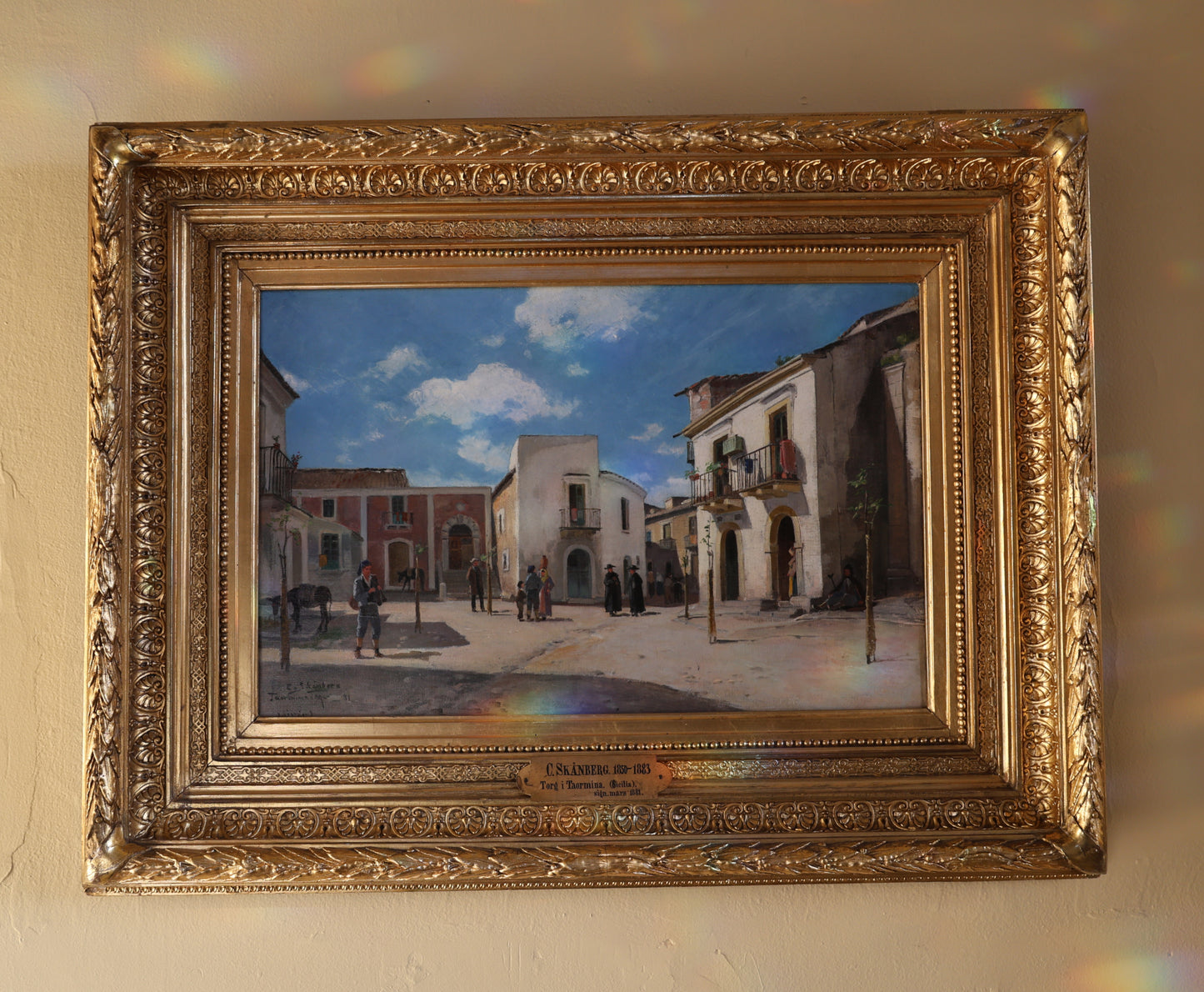 Painting by Carl Skånberg with frame,  motif of town square in Italy