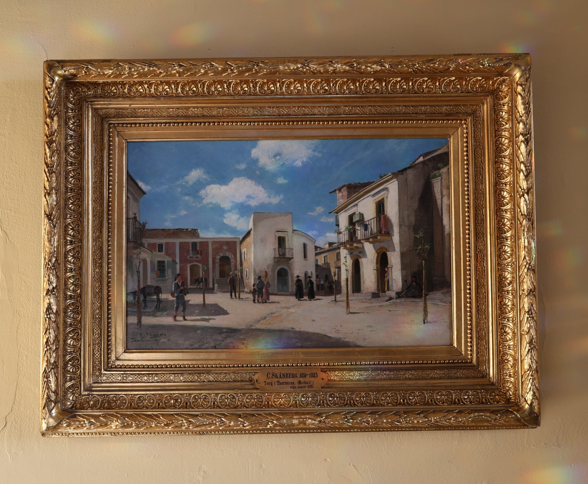 Painting by Carl Skånberg with frame,  motif of town square in Italy