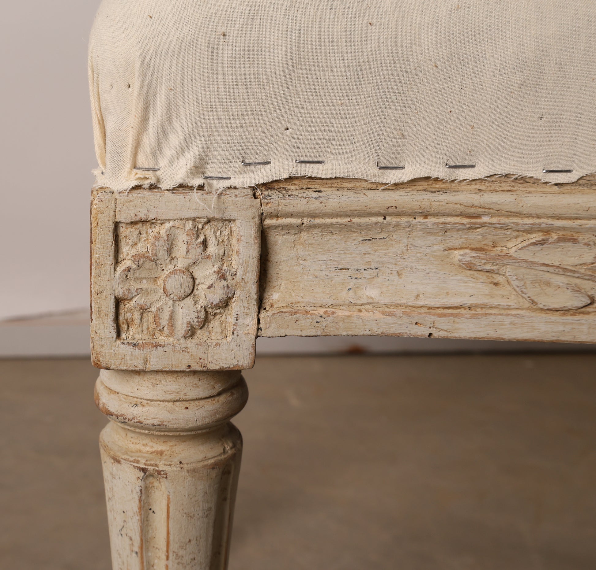 Detail of carved corner rosette on Pair of 18th Century Gustavian Stools signed Johan Erik Höglander. 