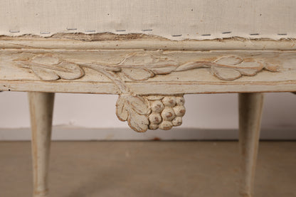 Close up of details. Carved grape and branch decorations on Pair of 18th Century Gustavian Antique Stools signed Johan Erik Höglander. 