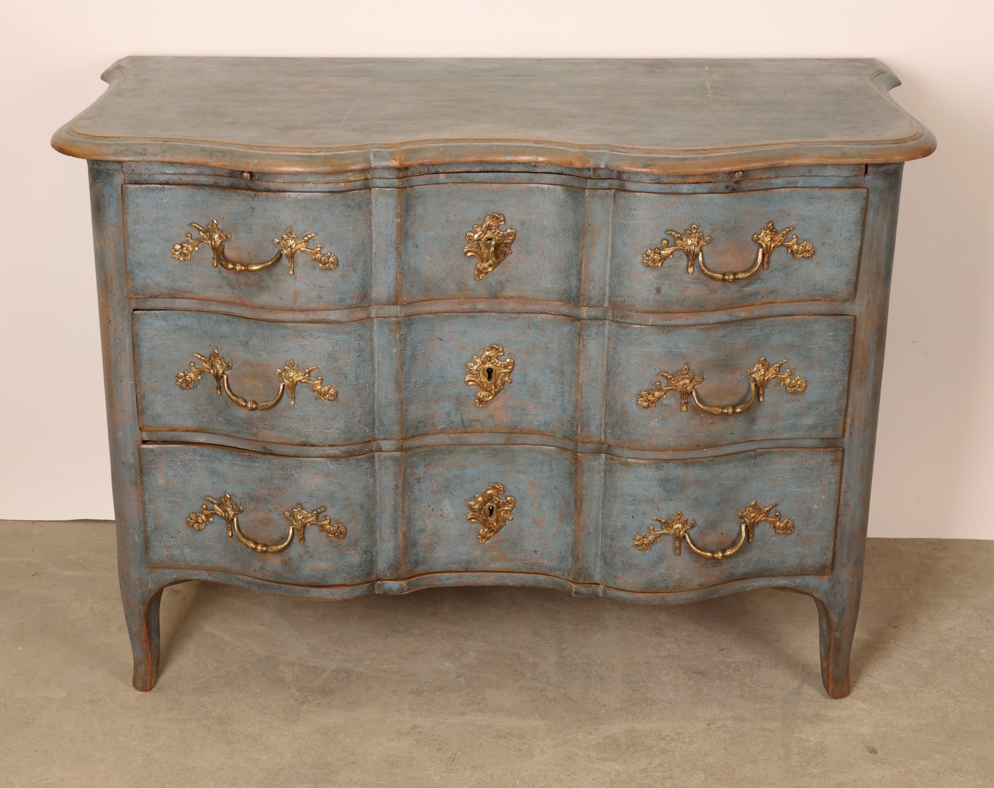 Front view of 18th Century Baroque Chest of Drawers in alder wood and painted blue colour