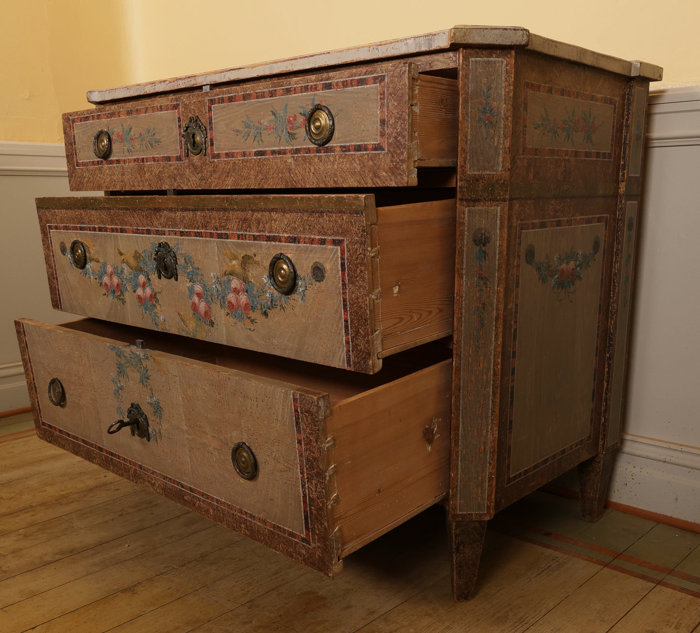 18th Century Gustavian Nils Asplind Chest of Drawers with painted roses showing the opened drawers