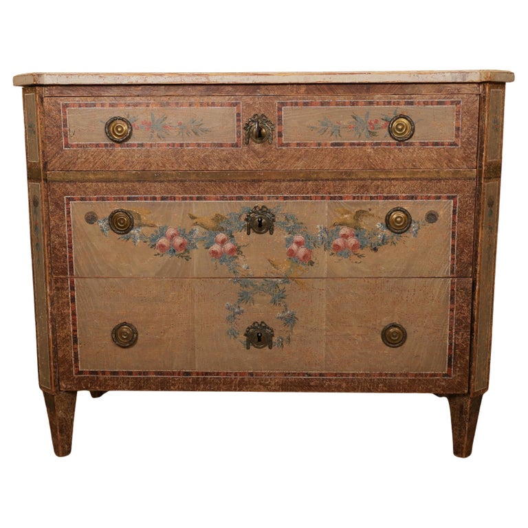 18th Century Gustavian Nils Asplind Chest of Drawers with painted roses. White background, product image.