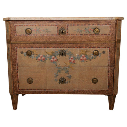 18th Century Gustavian Nils Asplind Chest of Drawers with painted roses. White background, product image.