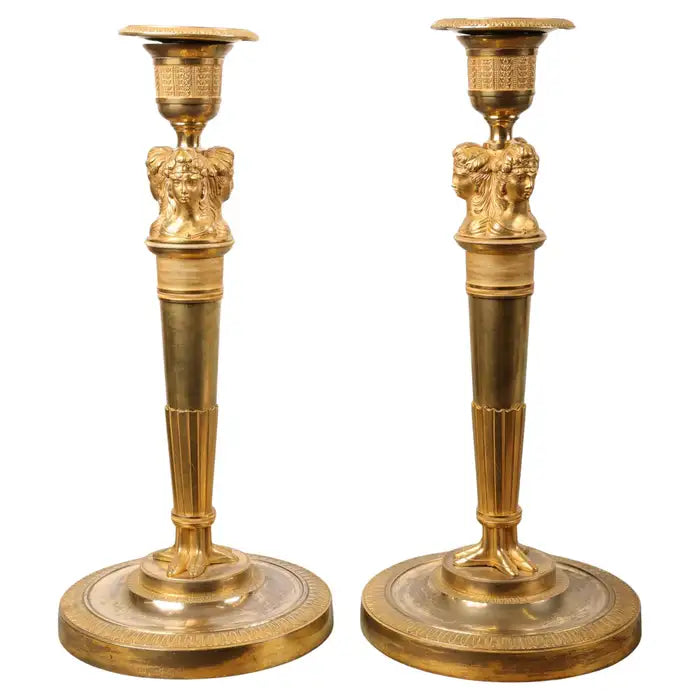 Pair of French Fire-Gilded Empire Candleholders