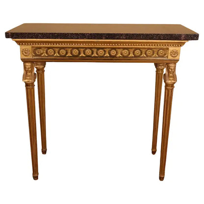 Late Gustavian Gilt Console Table with Porphyry Top and Egyptian-inspired heads on the legs. With white background