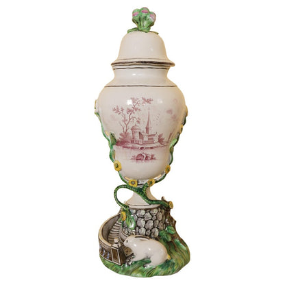 18th Century Faience Vase with a Rabbit next to a staircase