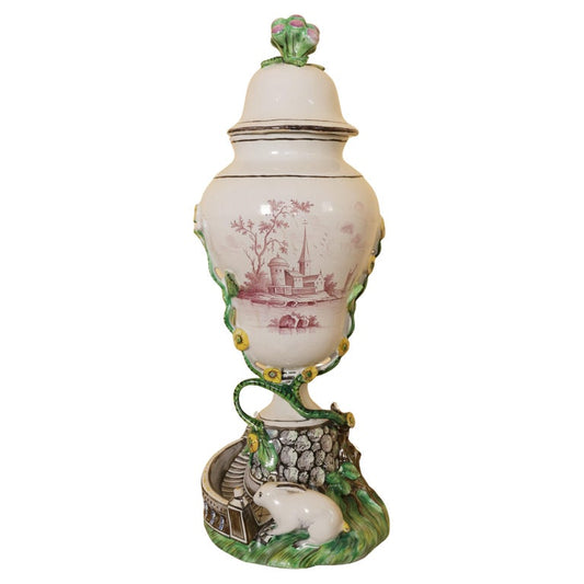 18th Century Faience Vase with a Rabbit next to a staircase