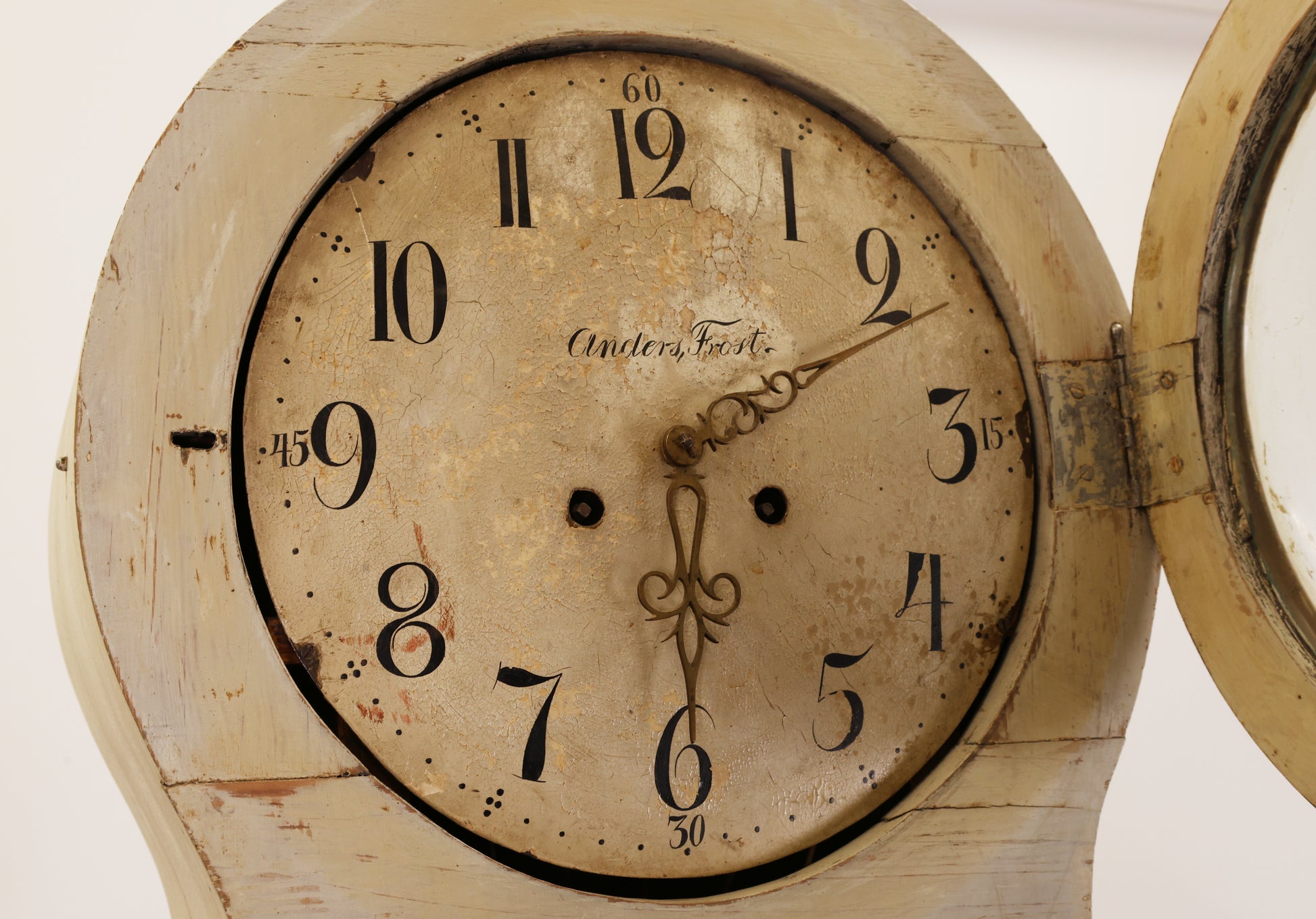 The movement on a Swedish antique column grandfather clock.