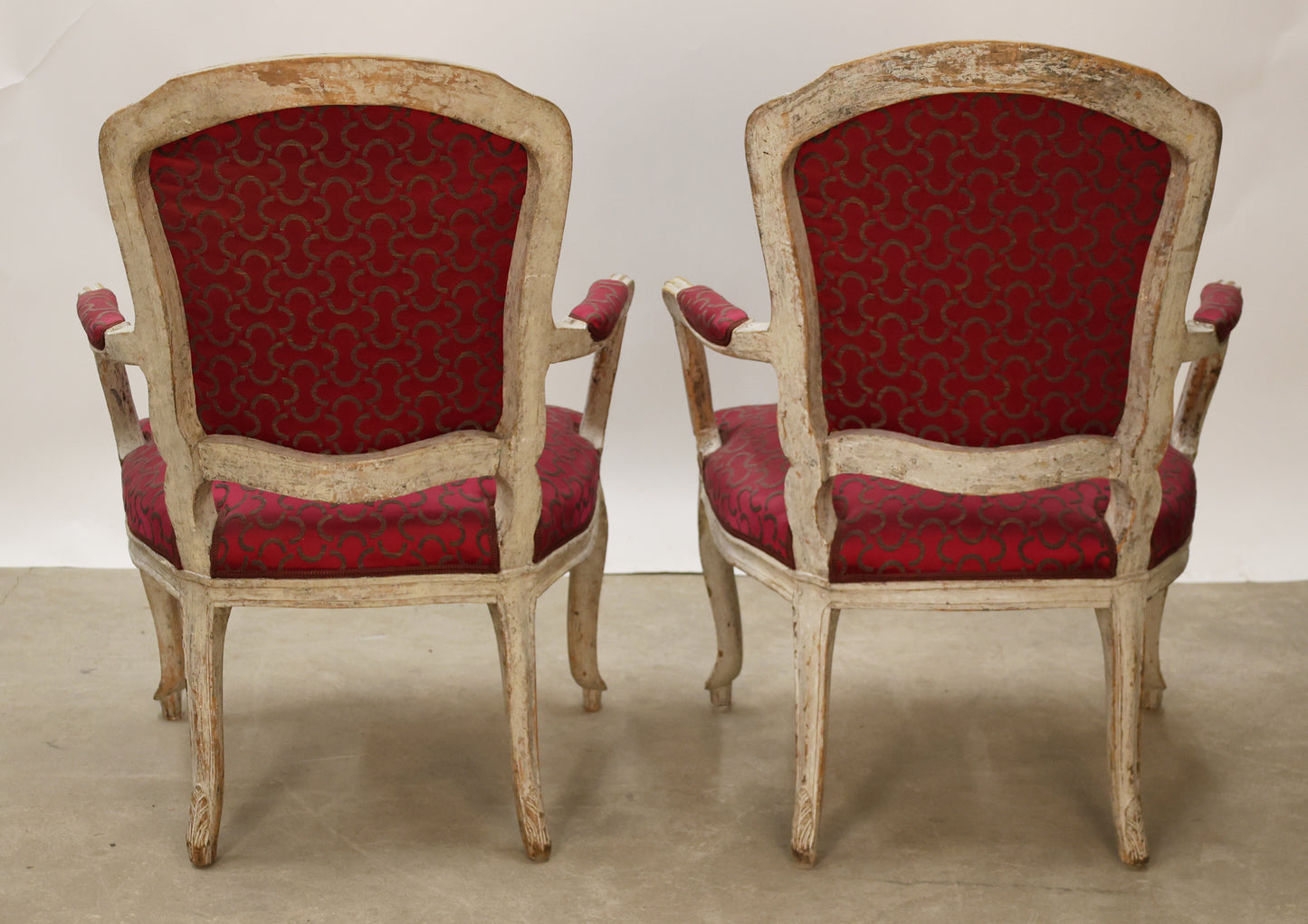 Back of a pair of Swedish Rococo armchairs.