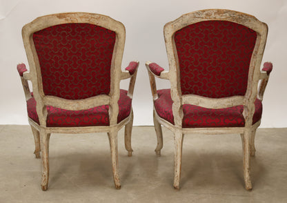 Back of a pair of Swedish Rococo armchairs.