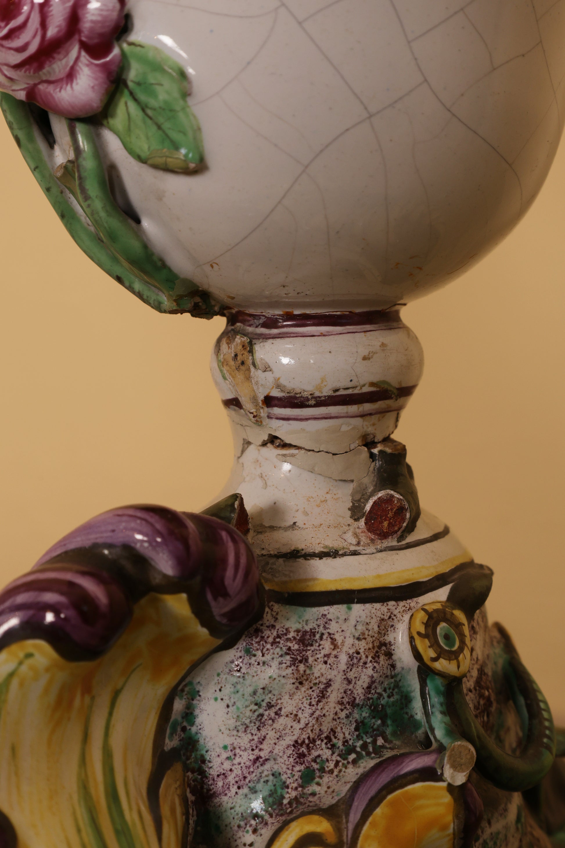 18th Century Faience Terrace Vase Painted in polychrome muffle colors