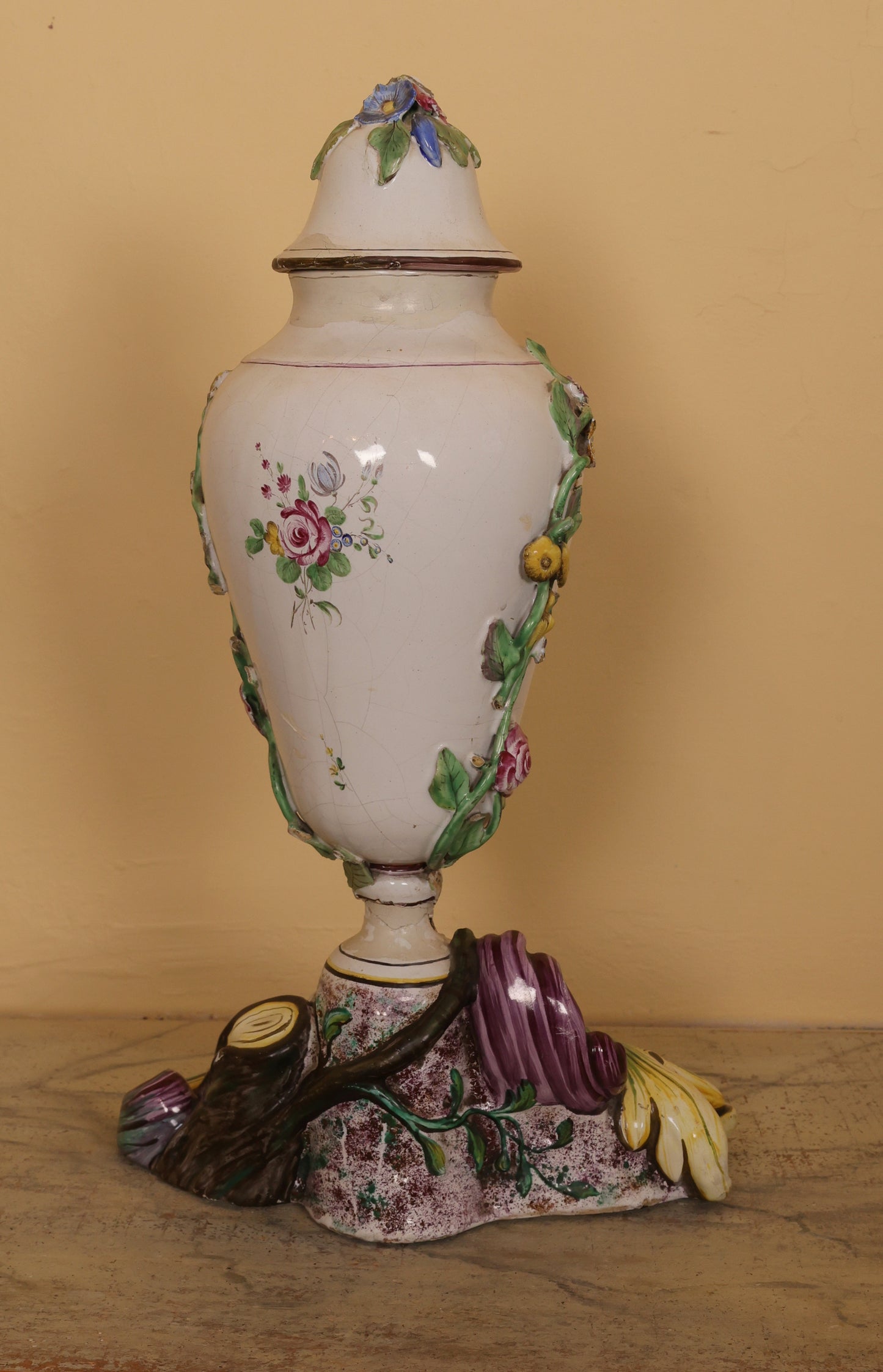 18th Century Faience Terrace Vase Painted in polychrome muffle colors
