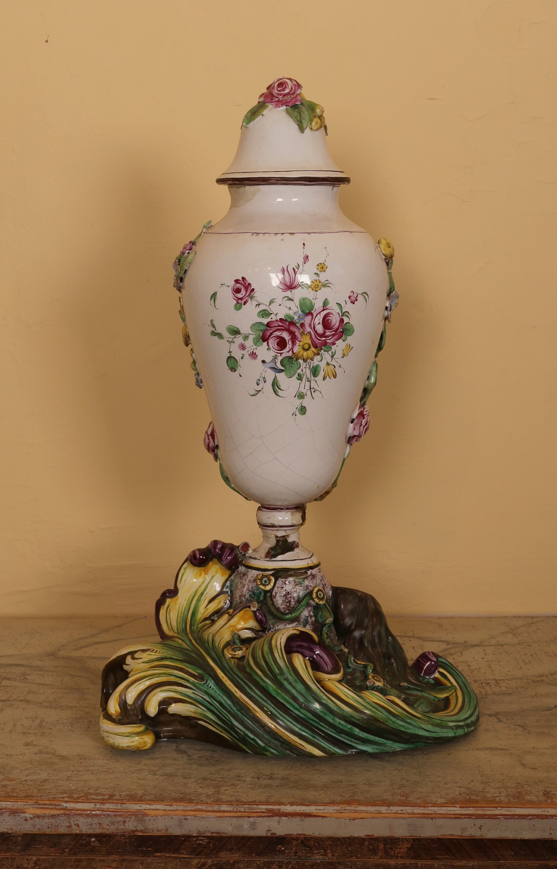 18th Century Faience Terrace Vase Painted in polychrome muffle colors