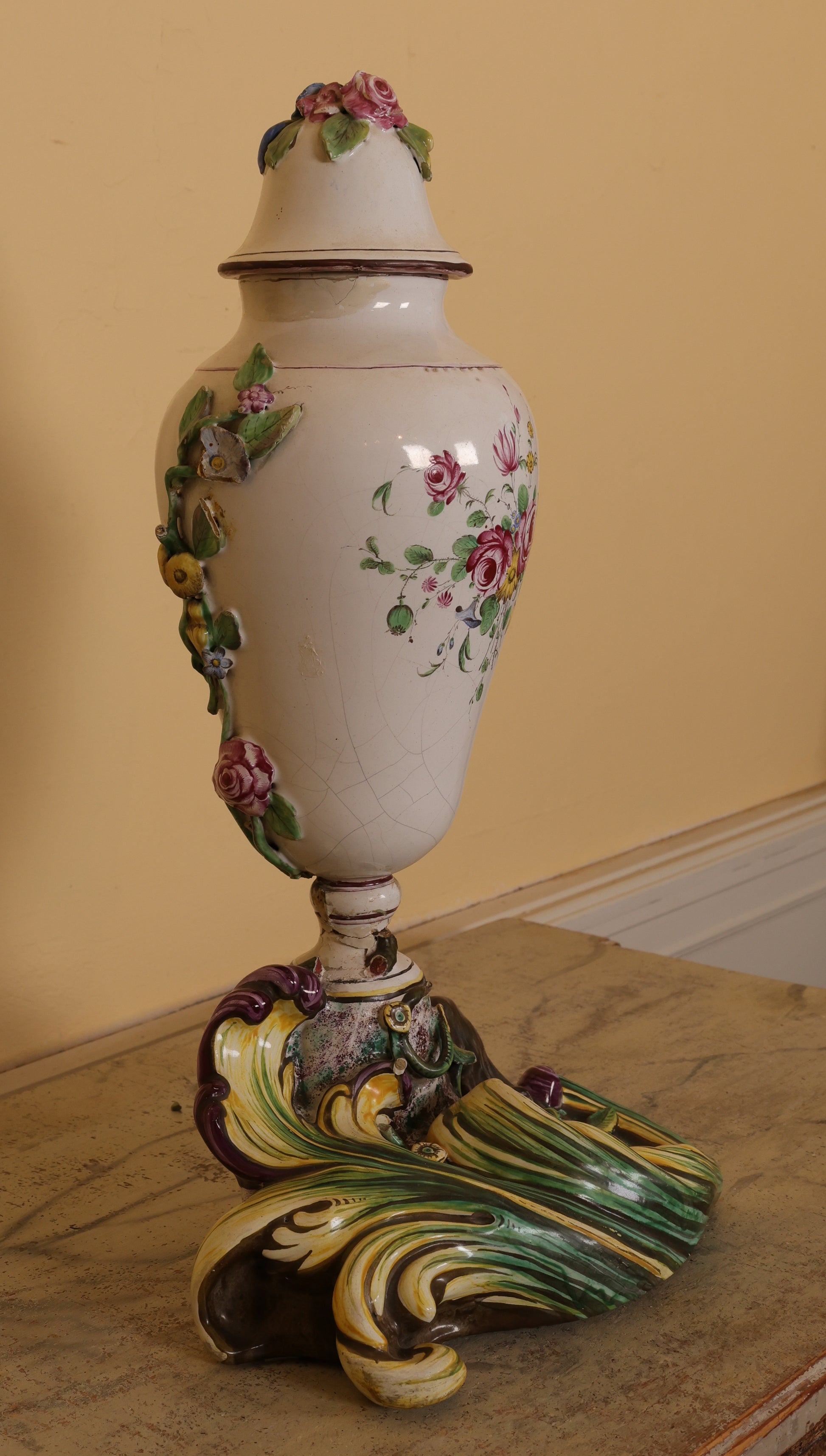 18th Century Faience Terrace Vase Painted in polychrome muffle colors