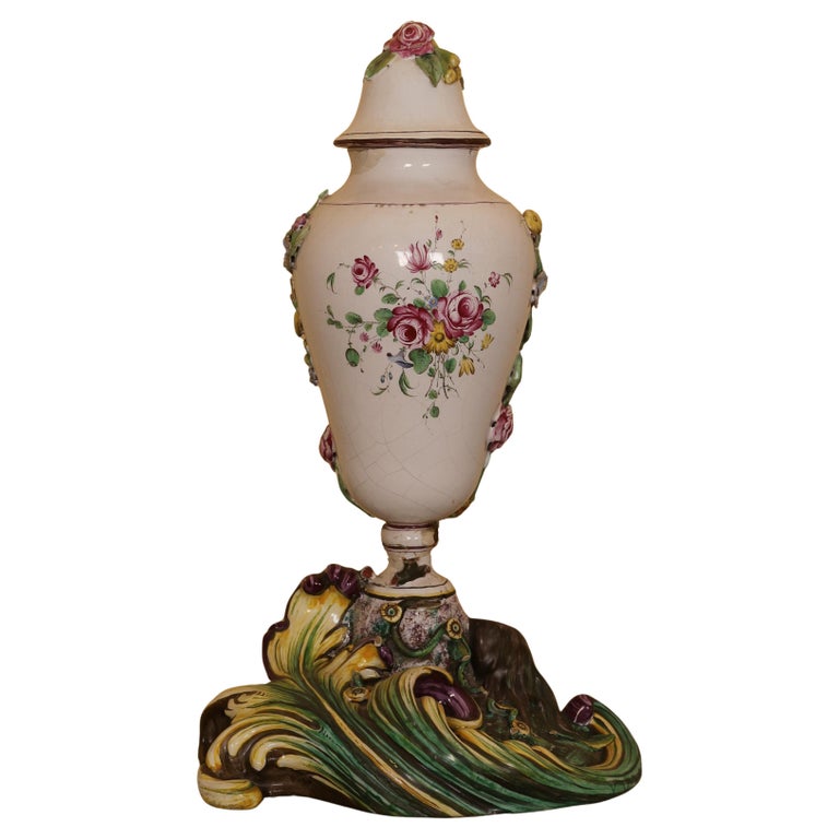 18th Century Faience Terrace Vase Painted in polychrome muffle colors with white background