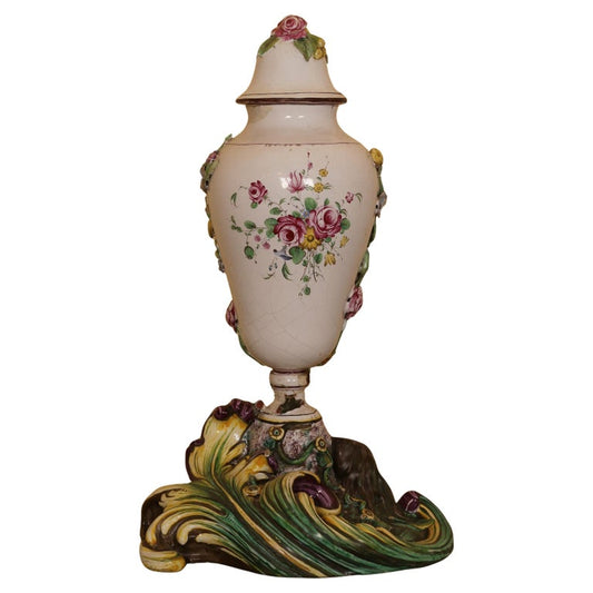18th Century Faience Terrace Vase Painted in polychrome muffle colors with white background